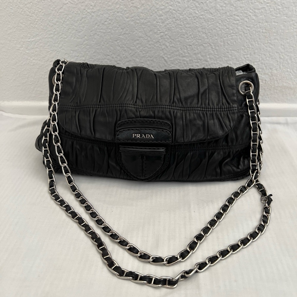 Preowned Authentic Prada Black Lambskin Croc-Embossed Leather Shoulder Bag